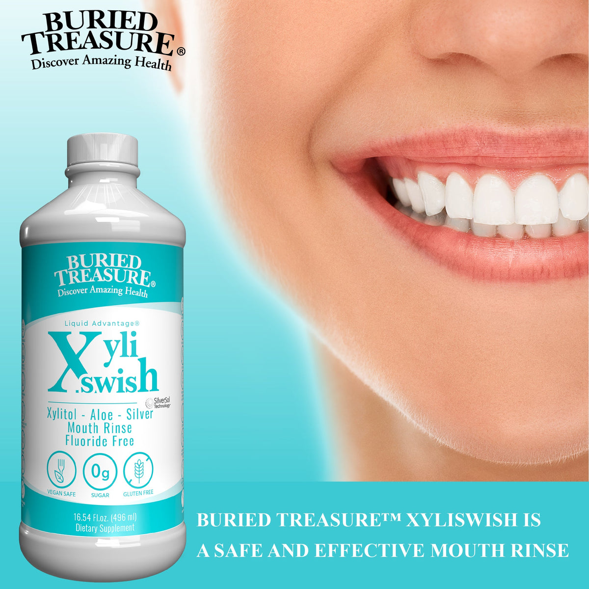 Xyli Swish All-Natural Mouth Rinse - Alcohol & Fluoride-Free with Xylitol, Aloe Vera, Purified Silver, Peppermint Oil - Safe to Swallow, Refreshing Taste - 16oz, 48 Servings